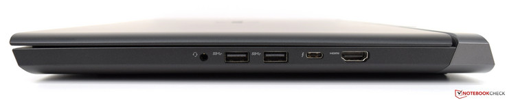 Höger: 3.5 mm ljud, 2x USB 3.1, USB Typ C med Thunderbolt 3 @ 40 Gbps, HDMI 2.0