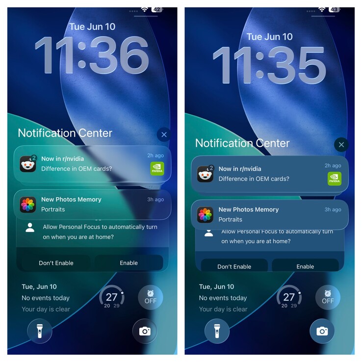 iOS 26 Låsskärm med och utan transparens. (Bildkälla: Vaidyanathan S. på X)