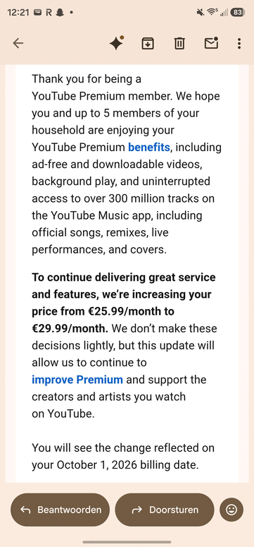 E-post om prisökning för YouTube Premium för familjer