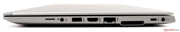 Right: Micro-SIM, combined headphone and microphone jack, USB 3.1 Gen 1, HDMI 1.4b, RJ-45, docking port, Thunderbolt (USB Type-C), power supply