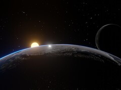 En konstnärsillustration som visar jorden, månen och solen.