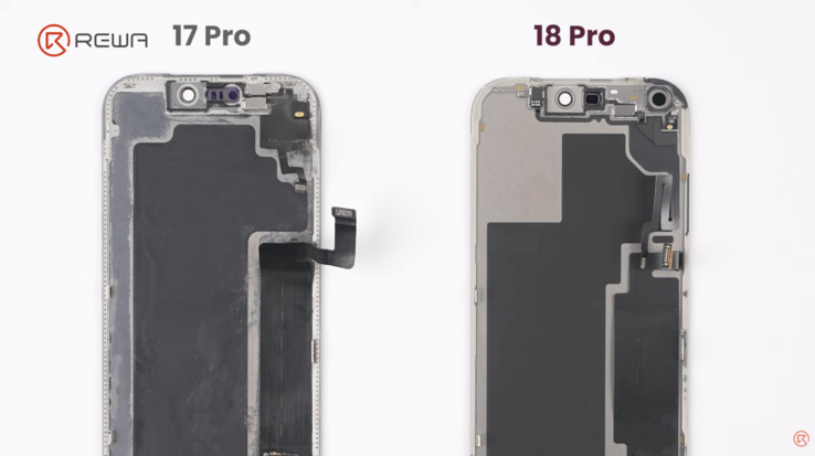 iPhone 17 Pro jämfört med iPhone 18 Pro, där baksidan av skärmpanelen med ny layout visas.