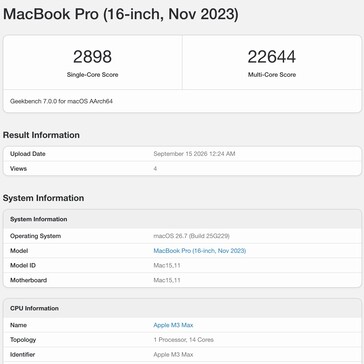 Apple M3 Max Geekbench 7-resultat.