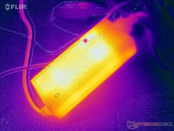 AC-adaptern kan nå över 41 C när man kör krävande laster under långa perioder