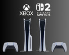 PS5-konsoler visas under logotyperna för Xbox och Nintendo Switch 2 (Bildkälla: Sony PlayStation, Microsoft Gaming, Nintendo of America med redigeringar)