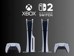 PS5-konsoler visas under logotyperna för Xbox och Nintendo Switch 2 (Bildkälla: Sony PlayStation, Microsoft Gaming, Nintendo of America med redigeringar)