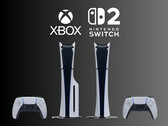 PS5-konsoler visas under logotyperna för Xbox och Nintendo Switch 2 (Bildkälla: Sony PlayStation, Microsoft Gaming, Nintendo of America med redigeringar)
