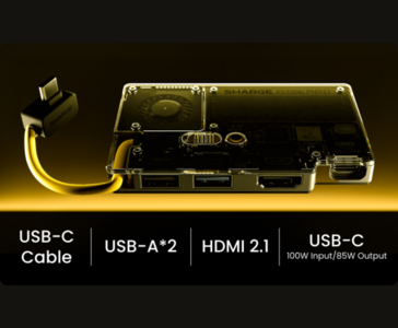 Sharge Disk Pro transparent bärbar SSD med inbyggd USB-C-kabel, dubbla USB-A-portar, HDMI 2.1 och USB-C med 100 W ingång och 85 W utgång (Sharge via Kickstarter)
