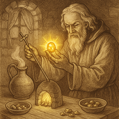 Kvicksilver förvandlas till guld (bildkälla: ChatGPT DALL-E)