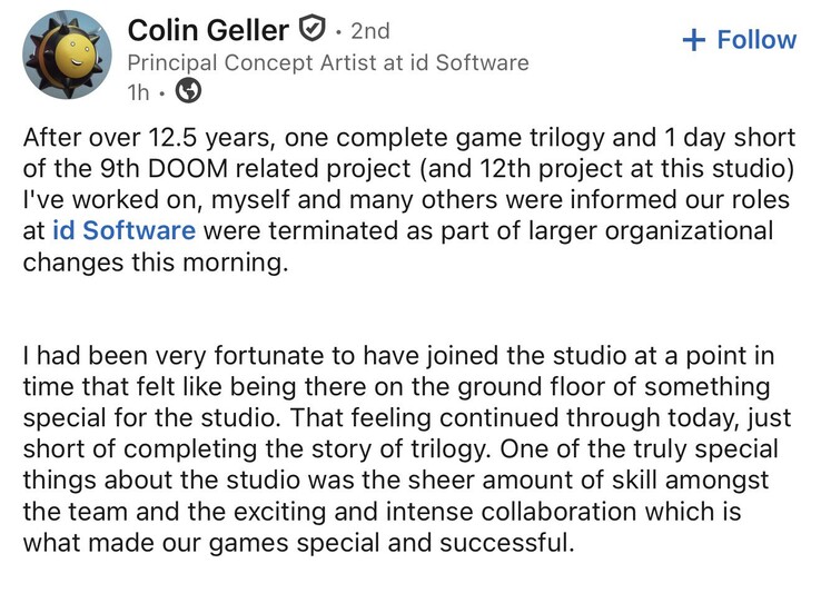 Colin Geller, mannen som låg bakom den konstnärliga utformningen av det moderna Doom, har också fått sparken