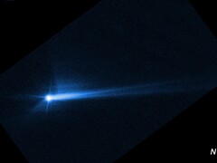 Bild som visar skräpet som sprängdes från Dimorphos yta efter avsiktlig påverkan av NASA: s DART-satellit (Bildkälla: NASA, ESA, STScI och Hubble; beskuren)