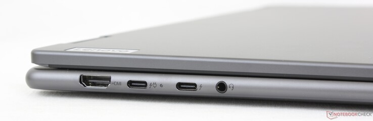 Vänster: HDMI 1.4b, 2x USB-C 3.2 med Thunderbolt 4 + DisplayPort + Power Delivery, 3,5 mm headset