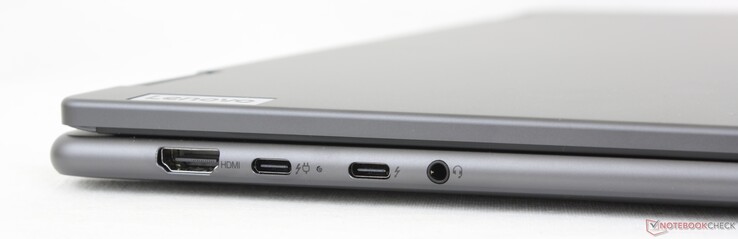 Vänster: HDMI 2.1 TMDS, 2x USB-C 3.2 med Thunderbolt 4 + DisplayPort 2.1 + Power Delivery 3.1, 3,5 mm headset