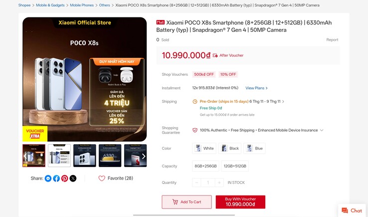 Poco X8s-listningen så som den visades i Xiaomis officiella Shopee-butik i Vietnam
