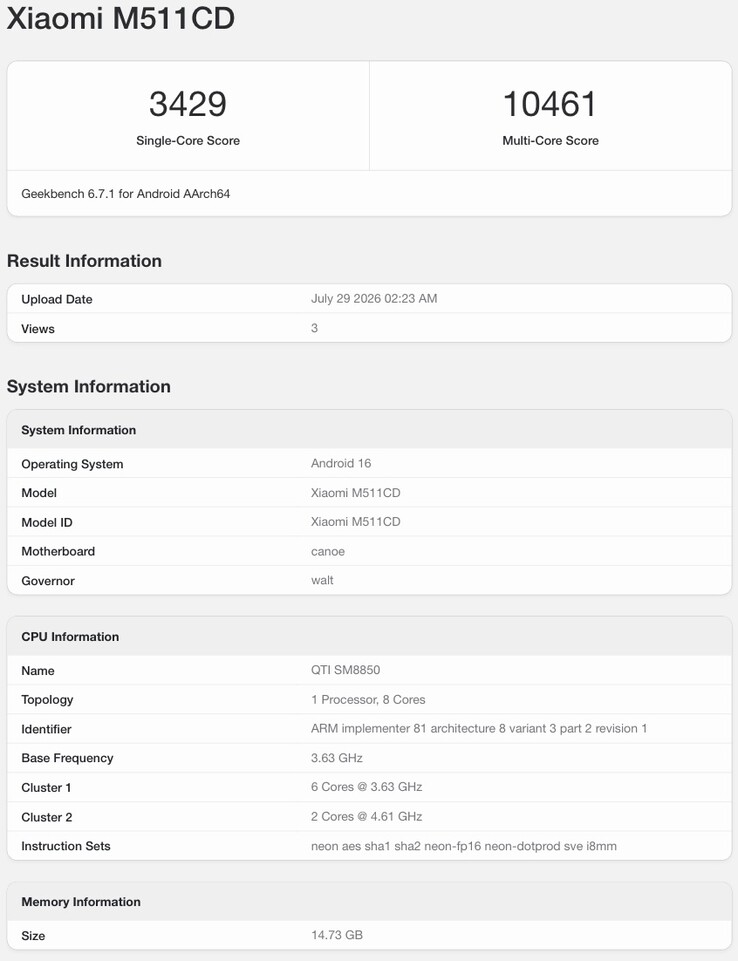 Geekbench-listning av den påstådda Redmi K100 Pro.