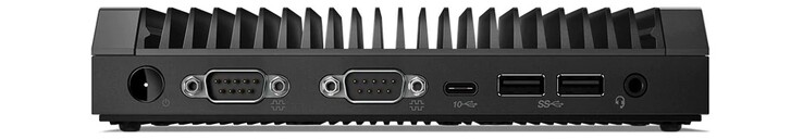 Framsidan: Startknapp, 2x serieportar, USB 3.1 Gen 2 Typ C, 2x USB 3.1 Gen 2 Typ A, anslutning för mikrofon/hörlurar