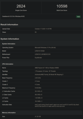 Ryzen AI 7 450 Geekbench-listning (bildkälla: Geekbench)