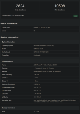 Ryzen AI 7 450 Geekbench-listning (bildkälla: Geekbench)