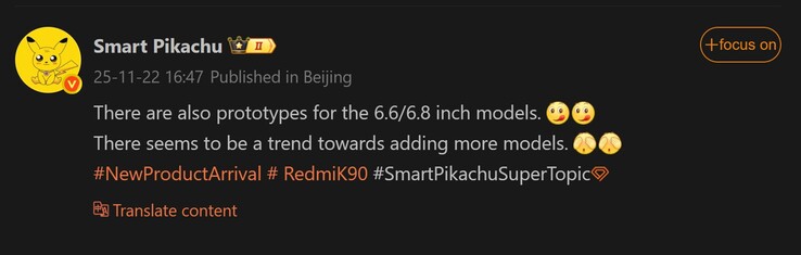Smart Pikachu rapporterar om Redmi K90 Pro skärmstorlek (Bildkälla: Weibo - maskinöversatt)