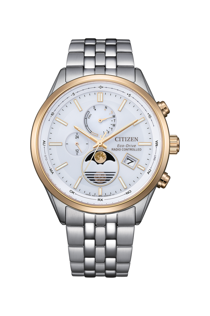 Citizen BY1034-59A Eco-Drive-klocka med månfasvisare, vit urtavla och tvåfärgat armband i rostfritt stål.