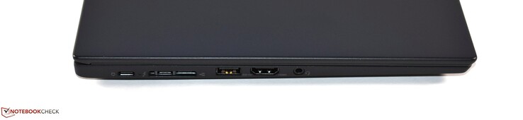 Vänster: USB 3.1 Gen 1 Typ C, Thunderbolt 3, miniEthernet, USB 3.0 Typ A, HDMI, Kombinerad ljudanslutning