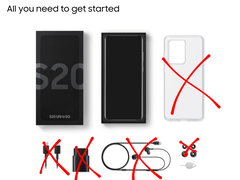 Innehållet i en Samsung Galaxy-förpackning som visar en telefon, en låda och ett fodral, med en laddare, en kabel och hörlurar som är överkorsade