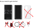 Innehållet i en Samsung Galaxy-förpackning som visar en telefon, en låda och ett fodral, med en laddare, en kabel och hörlurar som är överkorsade