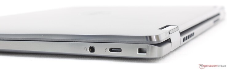 Höger: 3,5 mm headset, USB-C 3.2 m/ Thunderbolt 4 + Power Delivery + DisplayPort, Wedge-lås