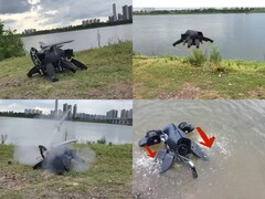 På bilden syns roboten flyga, simma, gå och avfyra missiler (Bildkälla: Chris Wabs; redigerade skärmdumpar)