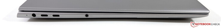 Till vänster: Strömförsörjning, 2x USB-C 4.0 med Thunderbolt 4 (40 GBit/s, DisplayPort-ALT 1.4), 3,5 mm stereo