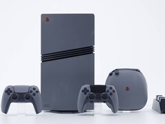 PlayStation 5 Pro 30th Anniversary-konsol i begränsad upplaga i retro-grått med två matchande DualSense-kontroller, en bärväska och en laddningsdocka för kontroller. (Bildkälla: Sony Interactive Entertainment)