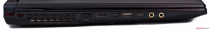 Left: Kensington, Ethernet, HDMI, Mini-DisplayPort, USB-A 3.0, USB-C 3.1 Gen2, headphone jack, microphone jack