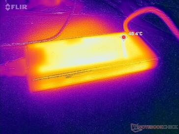 AC-adaptern kan nå över 46 C vid krävande belastningar som spel