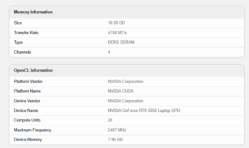 GeForce Specifikationer för RTX 5050 bärbar dator (bildkälla: Geekbench)