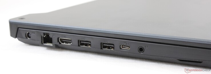Vänster: AC-adapter, Gigabit RJ-45, HDMI 2.0b, 2x USB 3.0 Typ A, USB Typ C 3.2 Gen. 2 med DisplayPort 1.4, 3.5 mm kombinerad ljudanslutning