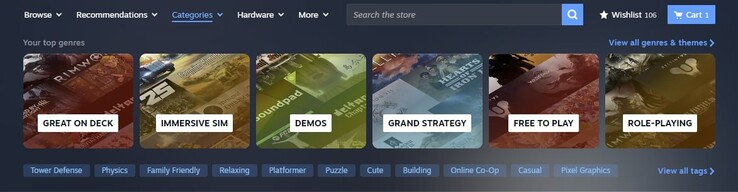 Den nya fliken "Kategorier" är skräddarsydd efter spelarnas användarbeteende. (Bildkälla: Steam)