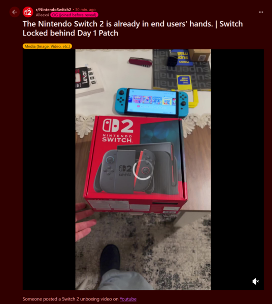 Nintendo Switch 2 unboxing video Reddit post (Bildkälla: Nintendo Switch 2 subreddit)
