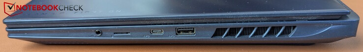Till höger: USB-A 3.2 Gen 2, USB-C med Thunderbolt 4 (PD 3.0, DP 1.4, USB 4), micro SD-kortläsare, uttag för headset