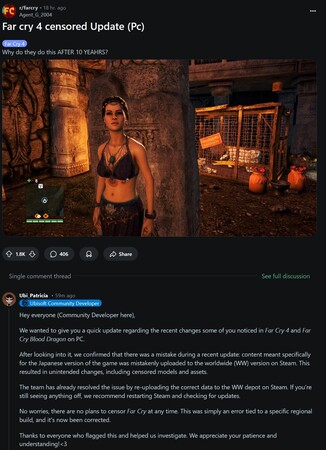 Far Cry 4 censurinlägg på Reddit (Bildkälla: skärmdump, Far Cry 4 subreddit)