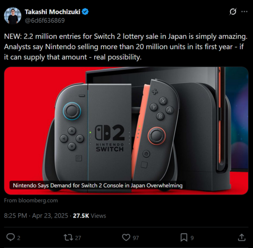 Takashi Mochizuki X inlägg om första årets Switch-försäljning (Bildkälla: skärmdump, Takashi Mochizuki X-konto)