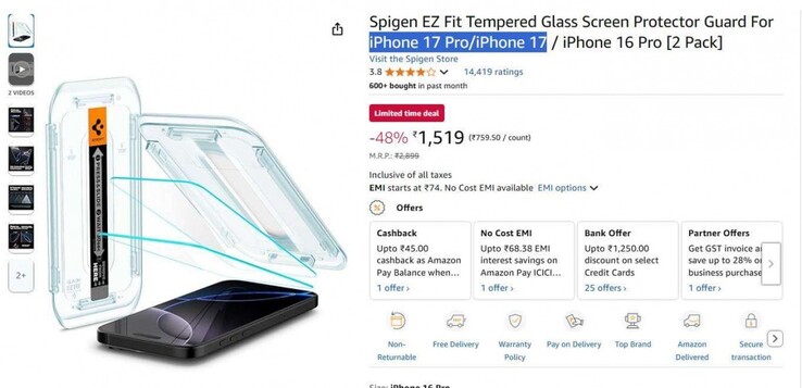 En påstådd skärmdump av Spigens läckta uppdatering av Amazon-sidan. (Källa: GSMArena)