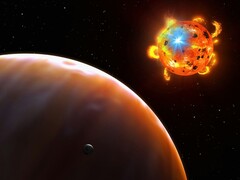 En illustration som visar en stjärna, en exoplanet och en naturlig satellit.
