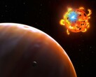 En illustration som visar en stjärna, en exoplanet och en naturlig satellit.