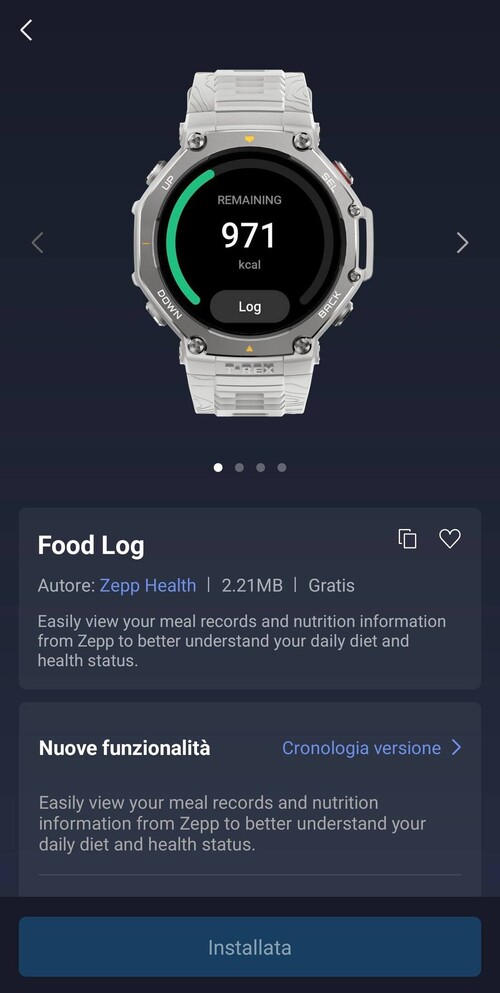 En skärmdump av den nya Amazfit Food Log Mini App. (Bildkälla: Matteo Calori via Amazfit Official Outdoor Community Facebook Group)