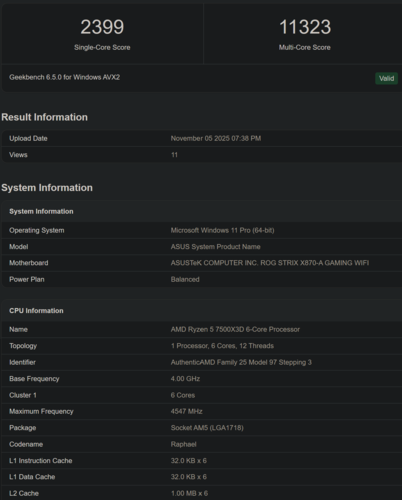 AMD Ryzen 5 7500X3D Geekbench-poäng (bildkälla: Geekbench)