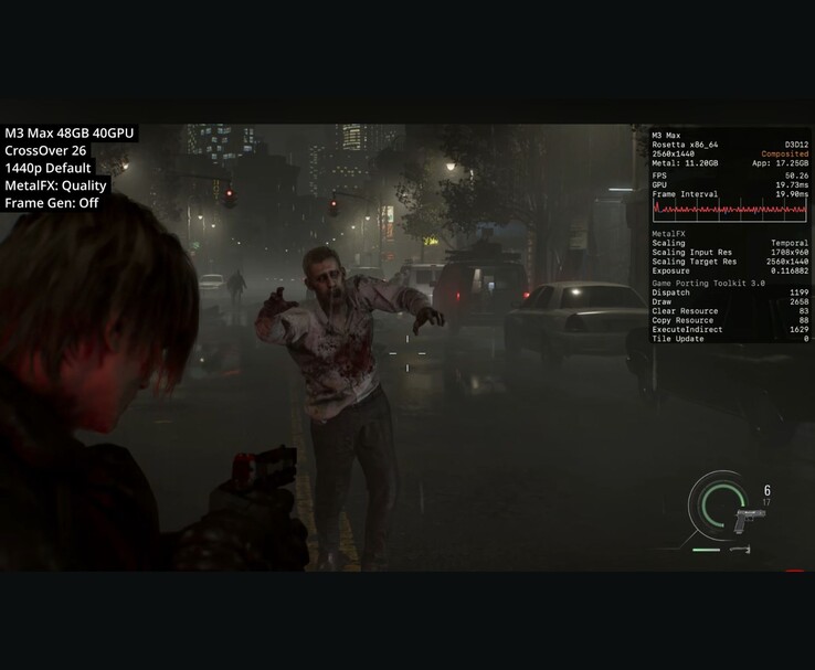 Resident Evil Requiem körs på M3 Max Mac via CrossOver 26 vid 1440p med MetalFX Quality och visar cirka 50 FPS.