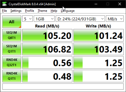 CrystalDiskMark 8 på något som vanligtvis används för extern lagring, en extern hårddisk från Toshiba som är ansluten via USB 3.0. Observera de stora förbättringarna i slumpmässiga läsningar och skrivningar.