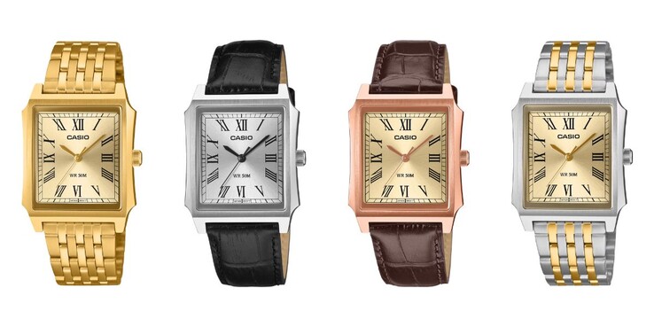 Från vänster till höger: klockorna Casio MTP-B190G-9BV, MTP-B190L-7BV, MTP-B190RGL-9BV och MTP-B190SG-9BV