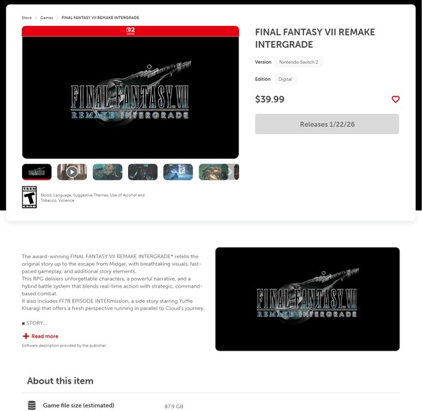 Final Fantasy 7 Remake Intergrade Nintendo eShop-lista med filstorlek (Bildkälla: skärmdump, Nintendo eShop)