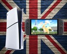 Konsolerna PS5 och Switch 2 visas på en bakgrund av Union Jack-flaggan (Bildkälla: Sony PlayStation, Nintendo med ändringar)